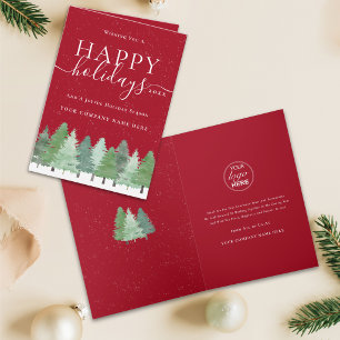 Business Logo Happy Holidays Watercolor Woodland Holiday Card