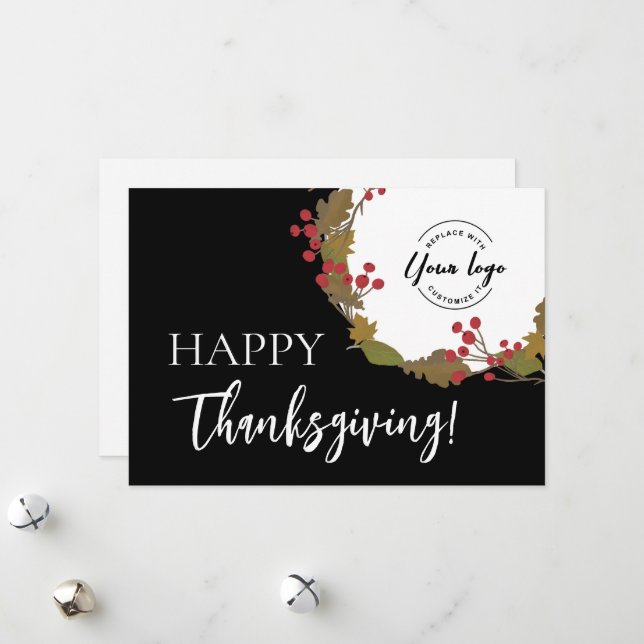 Business logo Happy Thanksgiving Fall Leaves Holiday Card (Front/Back In Situ)