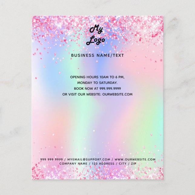 Business logo holographic blush pink glitter flyer (Front)