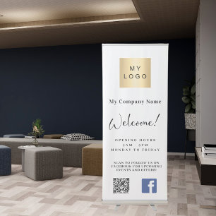 Business logo hours QR code Facebook brand colour Retractable Banner