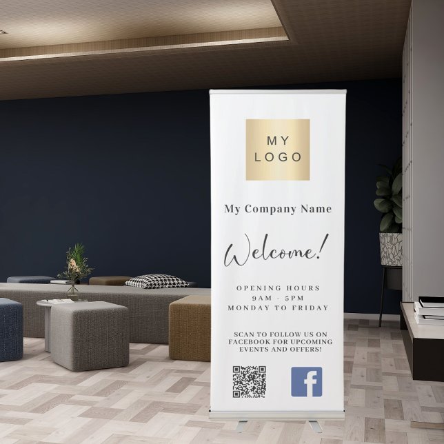 Business logo hours QR code Facebook brand colour Retractable Banner (Creator Uploaded)