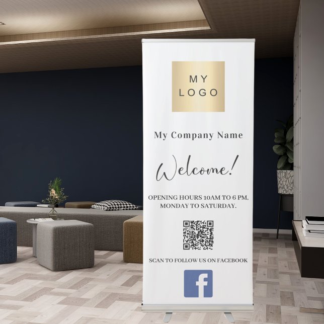 Business logo hours QR code Facebook brand colour Retractable Banner (Creator Uploaded)