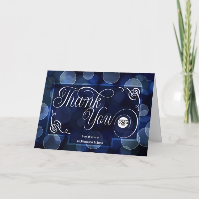Business Logo in Blue Bokeh Blank Thank You Card (Front)