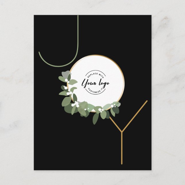 Business Logo Joy Vertical Eucalyptus wreath Green Holiday Postcard (Front)