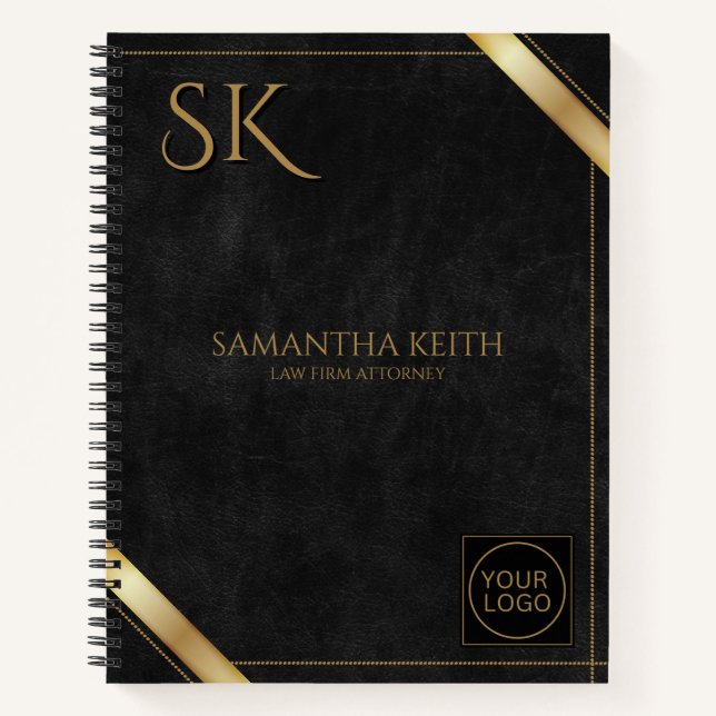 Business Logo Luxury Black Leather Golden Stripe Notebook (Front)