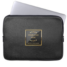 Business Logo Luxury Black Leather Personalised Laptop Sleeve