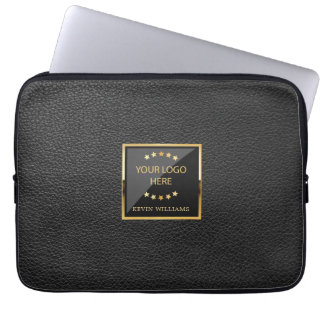 Business Logo Luxury Black Leather Personalised Laptop Sleeve