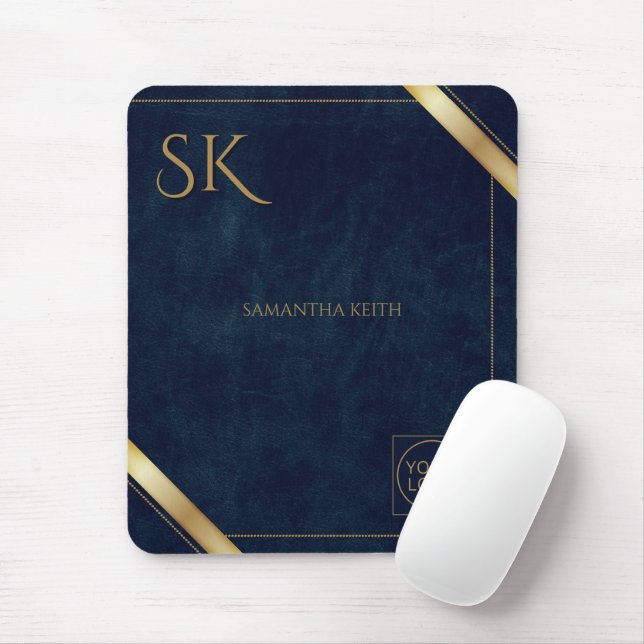 Business Logo Luxury Navy Leather 2025 Custom Mouse Mat (With Mouse)
