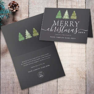 Business Logo Merry Christmas Pine Trees Script Holiday Card