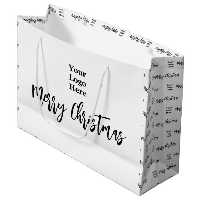 Business Logo Merry Christmas Script Black & White Large Gift Bag (Front Angled)