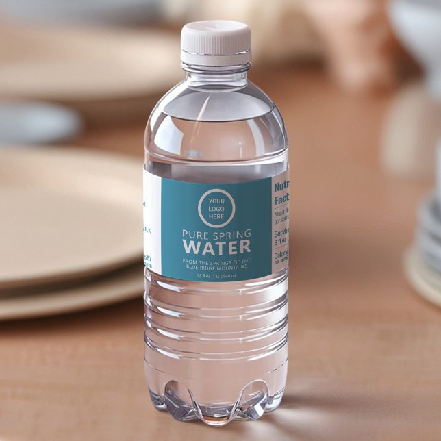 Business Logo Minimalist Company Name Teal Water Bottle Label (Creator Uploaded)