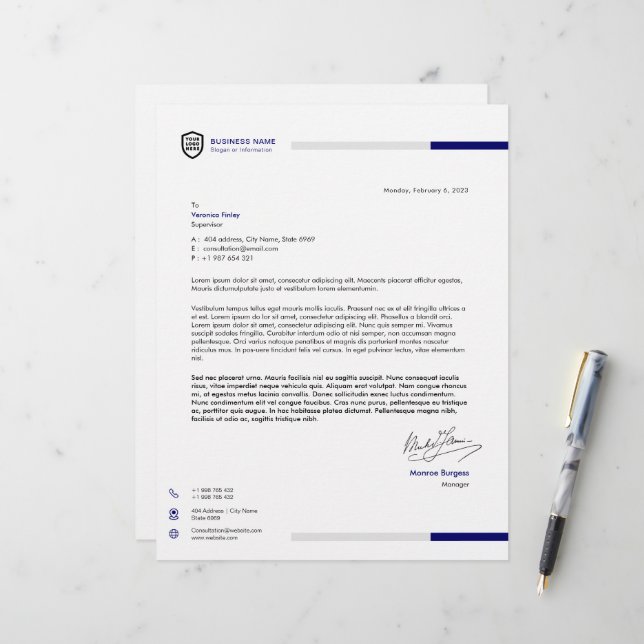 Business Logo | Minimalist Deep Blue Signature Custom Letterhead (Front/Back In Situ)