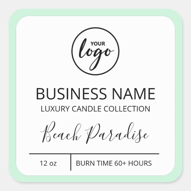 Business Logo Mint Border Soy Candle Labels (Front)