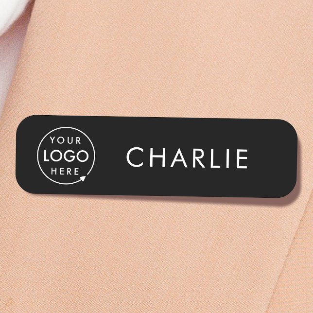 Business Logo | Modern Black Employee Staff Name Tag (Creator Uploaded)