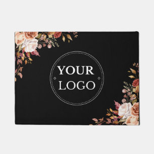 Business Logo Modern Floral Black Promotional  Doormat
