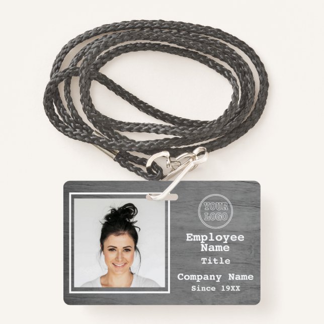 Business Logo Modern Grey Wood Photo Employee Id ID Badge (Front with Lanyard)