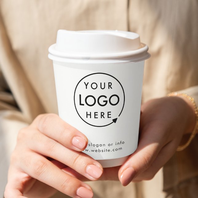Business Logo Modern Minimalist Clean Simple White Paper Cups (A sleek white branded business 8oz paper cup with optional lid, perfect for cafes and events)