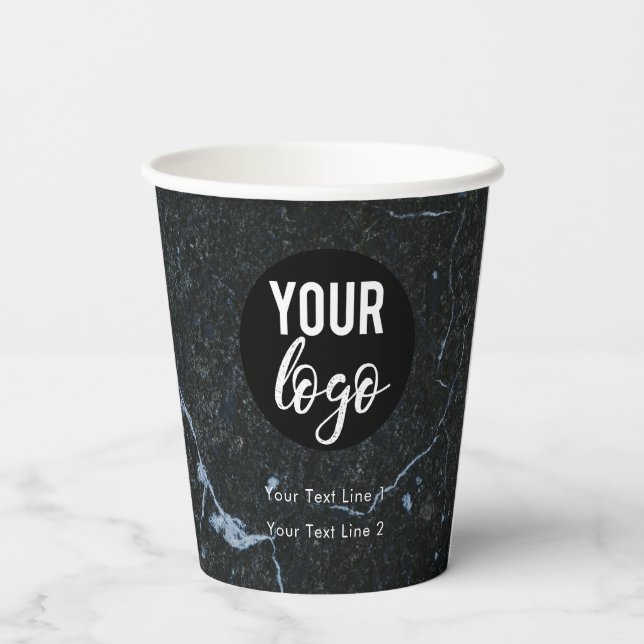 Business Logo Modern Professional Black Marble Paper Cups (Back)