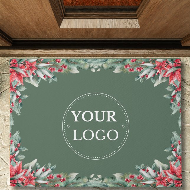 Business Logo Modern Watercolor Floral Christmas Doormat (Creator Uploaded)