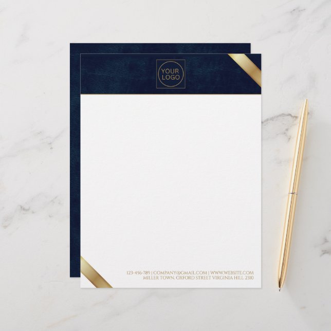 Business Logo Monogram Navy Leather Letterhead (Front/Back In Situ)