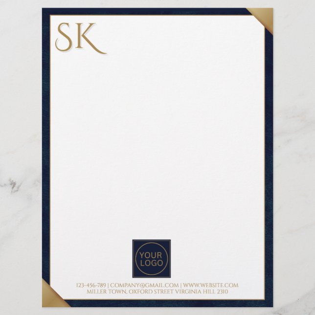 Business Logo Monogram Navy Leather Letterhead (Front)