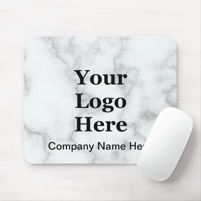 Business Logo & Name Faux White Marble Template Mouse Mat (With Mouse)