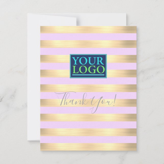 Business Logo, Name Gold & Lilac Stripes, Mt.Green Thank You Card (Front)