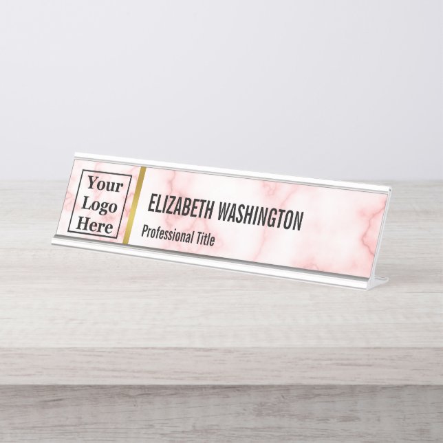 Business Logo Name Job Title Faux Pink Marble Desk Name Plate (Front)