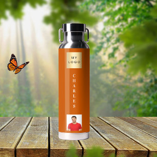 Business logo name photo burnt orange water bottle