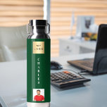 Business logo name photo emerald green water bottle<br><div class="desc">An emerald green background.  Personalise and add your business logo,  name and a profile photo.</div>