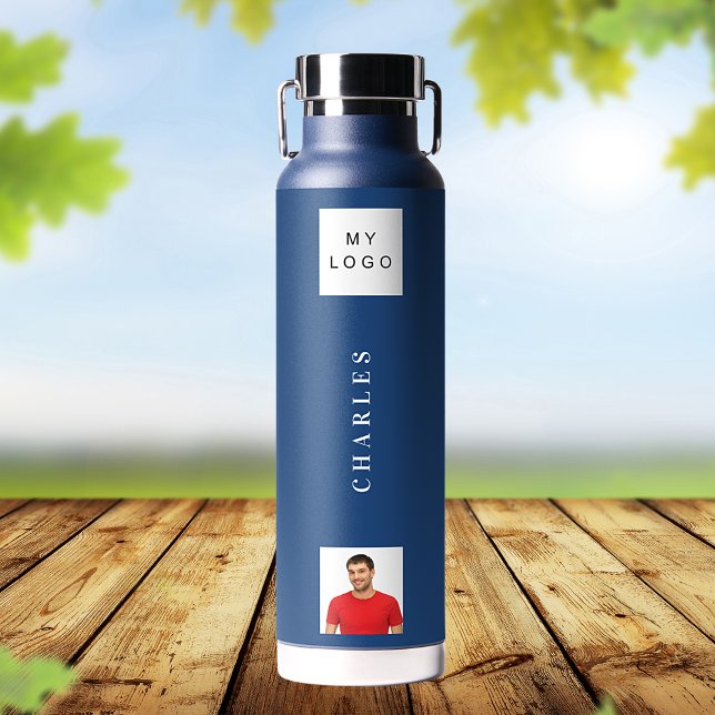 Business logo name photo navy blue water bottle (Creator Uploaded)