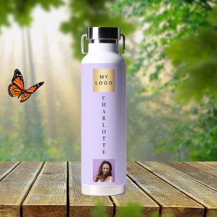 Business logo name photo violet water bottle