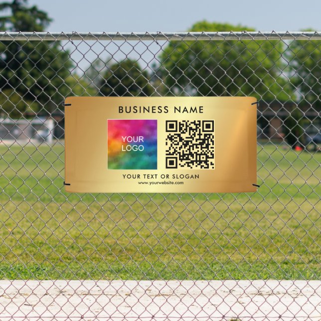 Business Logo Name QR Code Outdoor Custom Gold Banner (Insitu)