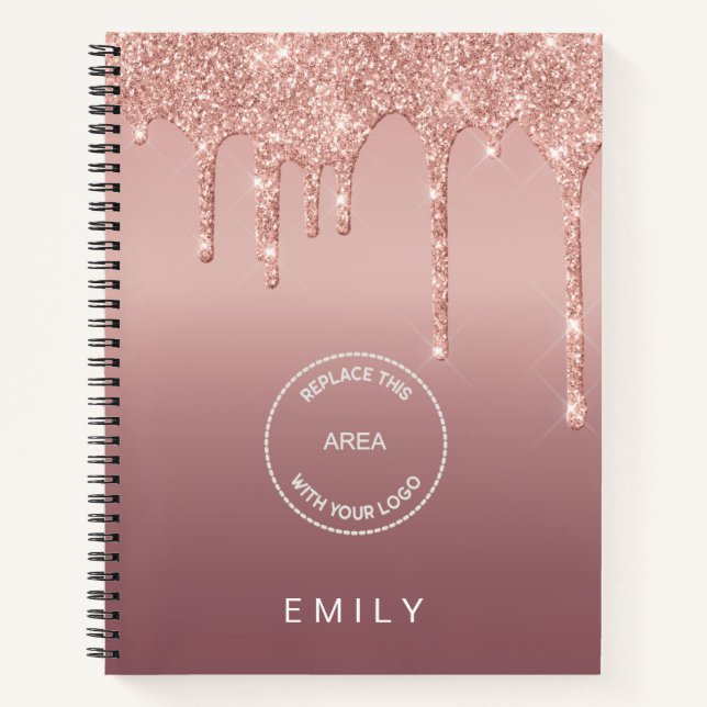 Business Logo Name Rose Gold Glitter Drips Notebook (Front)