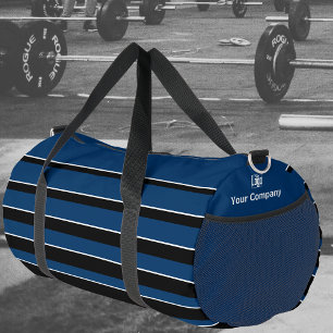 Business Logo Name Striped Blue White Black Duffle Bag