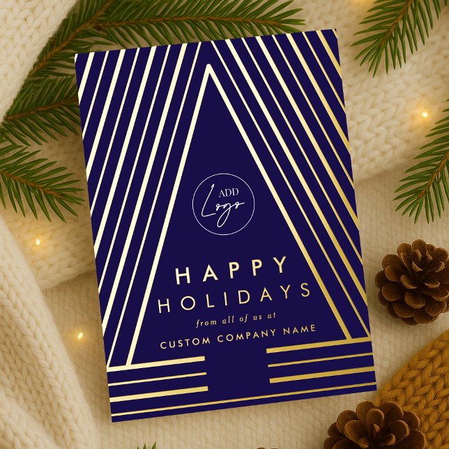Business Logo Navy Blue & Gold Geometric Christmas Foil Holiday Card (Professional Christmas tree navy blue and gold foil corporate logo holiday cards)