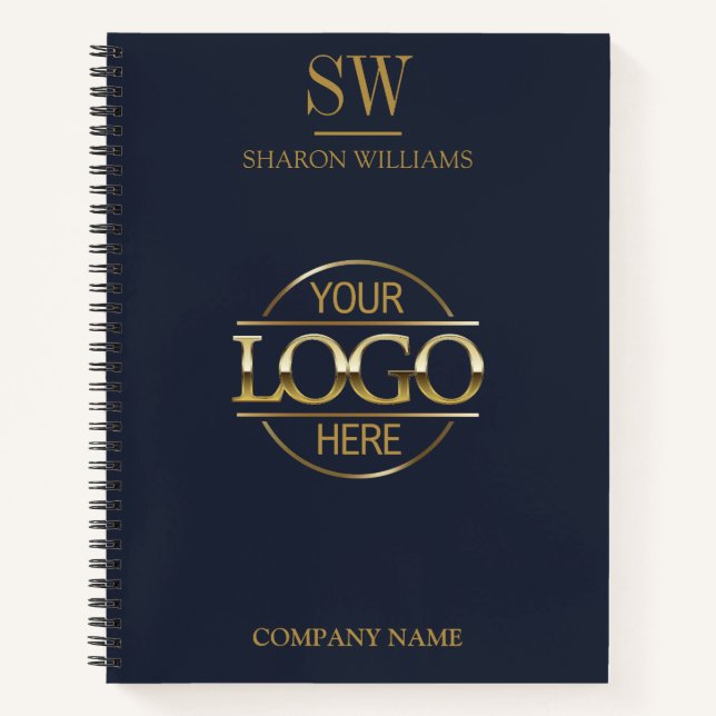 Business Logo Navy Blue & Gold Monogram Initial Notebook (Front)