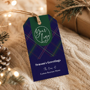 Business Logo Navy Blue Plaid Corporate Holiday Gift Tags