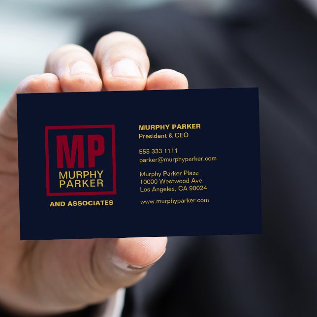 Business Logo Navy Burgundy Gold Square Monogram Business Card (Creator Uploaded)