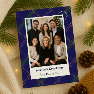 Business Logo Navy Plaid Christmas Company Photo Holiday Card