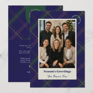 Business Logo Navy Plaid Christmas Company Photo Holiday Card
