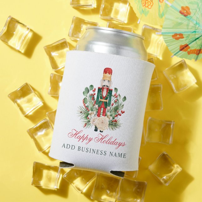 Business Logo Nutcracker Happy Holidays Christmas Can Cooler (In Situ Summer)