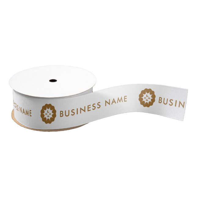 Business Logo or Icon + Gold Name Company White Grosgrain Ribbon (Spool)
