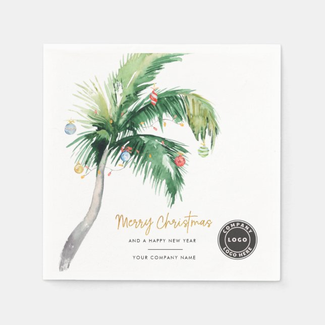 Business Logo Palm Tree Merry Christmas Paper Napkin (Front)