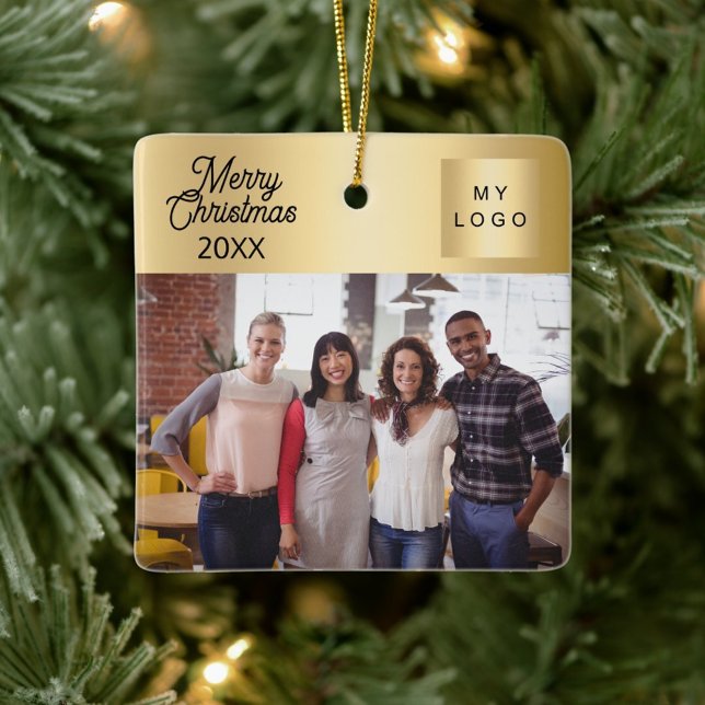 Business logo photo gold Christmas Ceramic Ornament (Creator Uploaded)