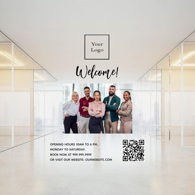Business logo photo welcome opening hours QR-code Window Cling (Creator Uploaded)