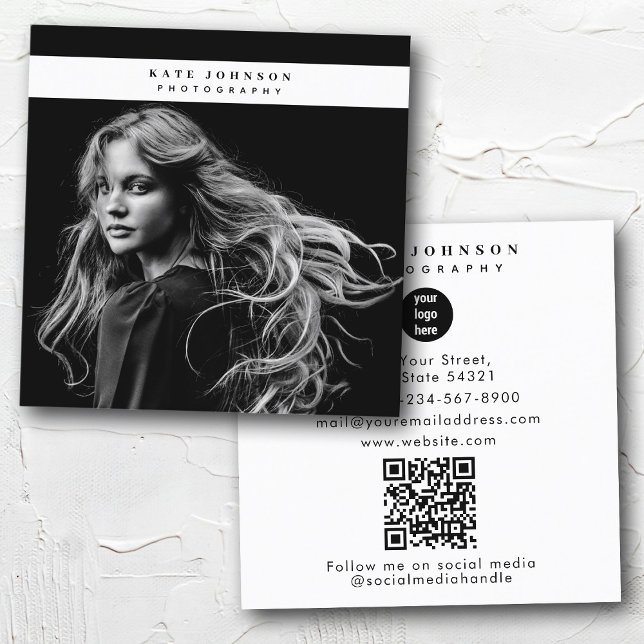 Business Logo Photographer Photo Black White Square Business Card (Business Logo Photographer Photo Black White Square Business Card)