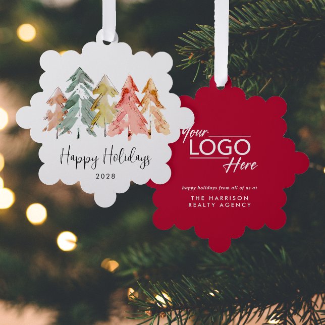 Business Logo Pine Trees Happy Holidays Christmas Tree Decoration Card (Creator Uploaded)