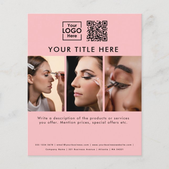 Business Logo Pink Beauty Salon 3 Photos QR Code Flyer (Front)