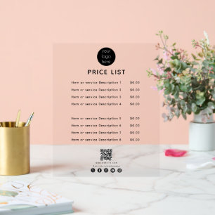 Business Logo Price List QR Code Social Media  Acrylic Sign